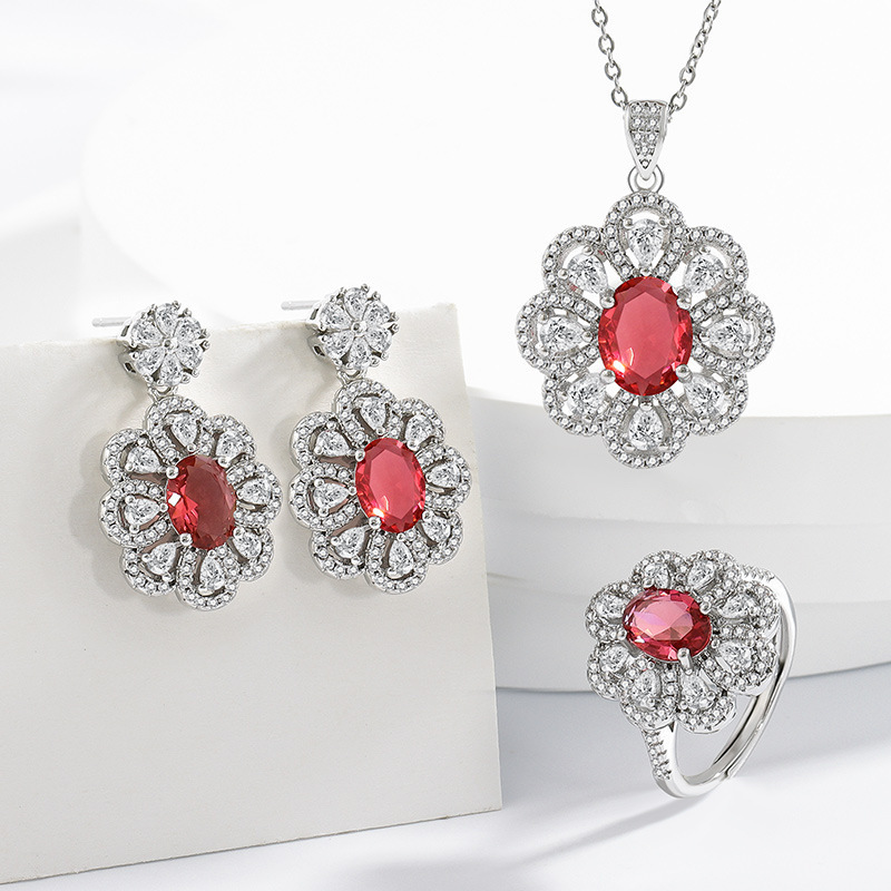 Elegant Floral Zircon Jewelry Set – Necklace, Earrings & Ring Collection for Women