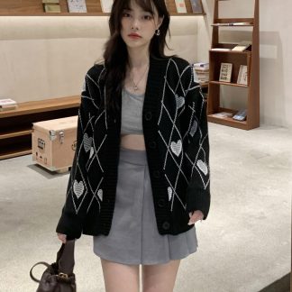 Women's Heart Pattern Oversized Knit Cardigan Sweater Button Front Korean Style Outerwear