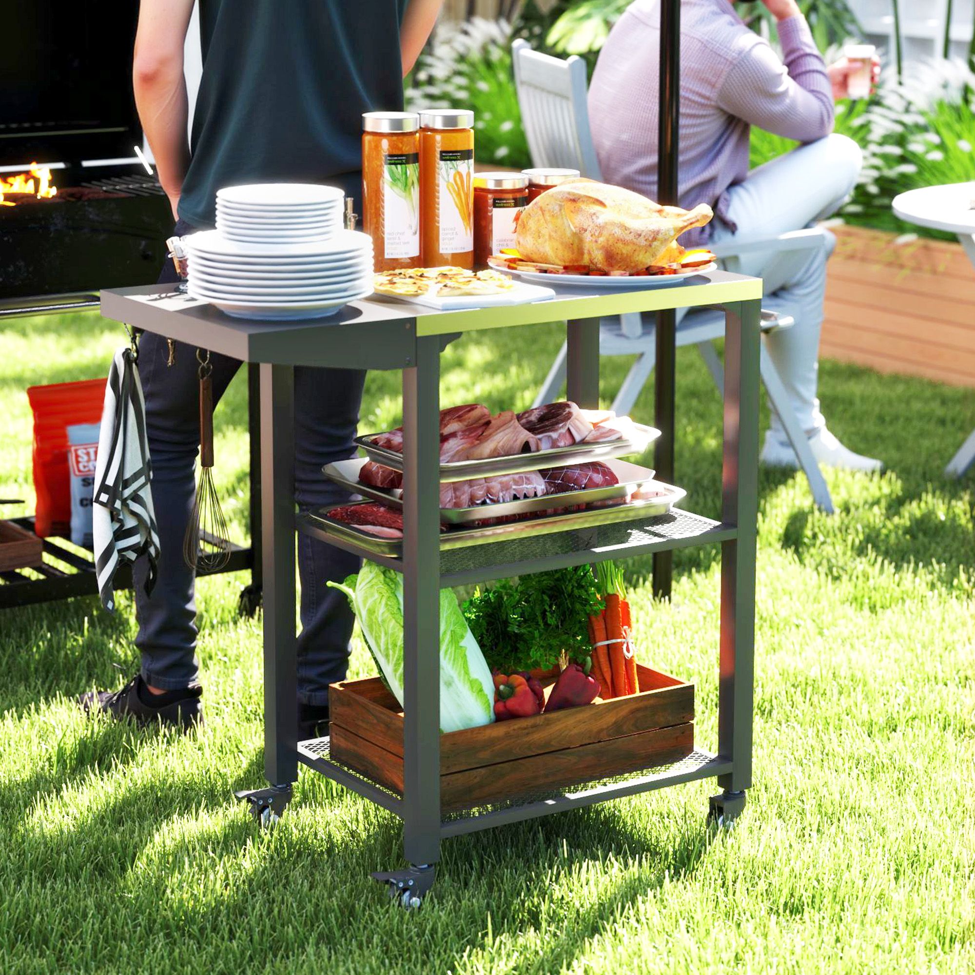 Outsunny Stainless Steel Grill Cart with Foldable Side Table & Storage Shelves - Image 2