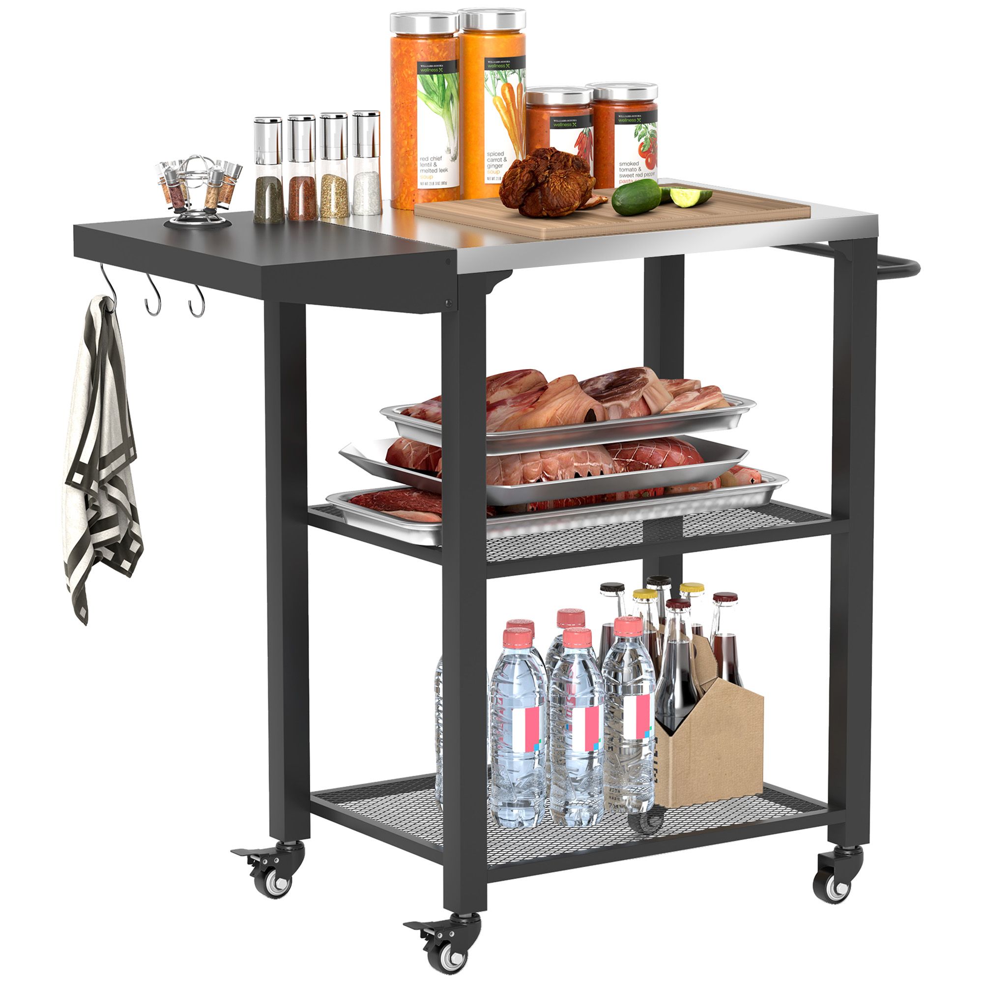 Outsunny Stainless Steel Grill Cart with Foldable Side Table & Storage Shelves - Image 11