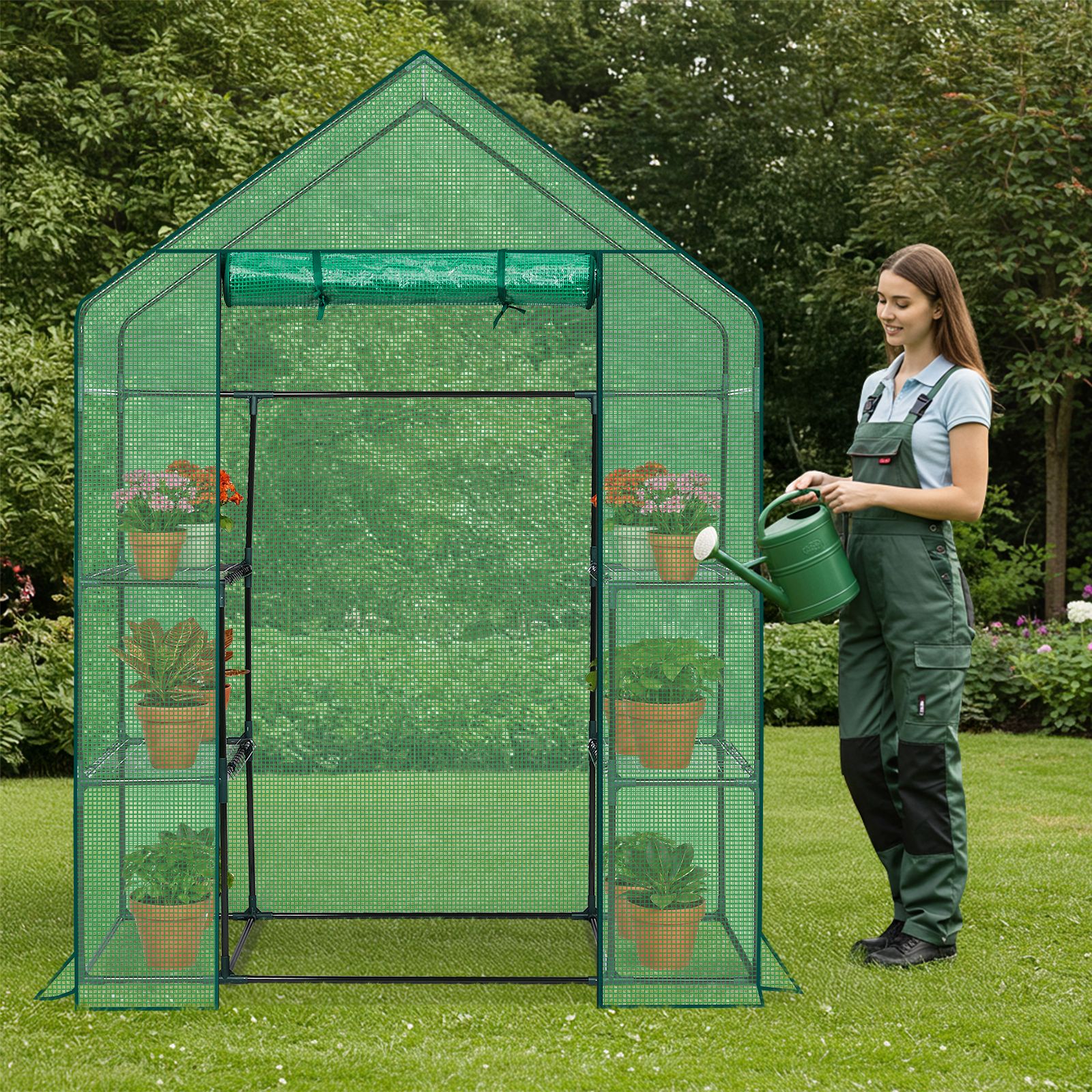 56" Mini Walk-In Greenhouse with 4 Shelves, PE Cover & Zippered Roll-Up Door, Portable Indoor/Outdoor Plant Growing Tent - Image 11