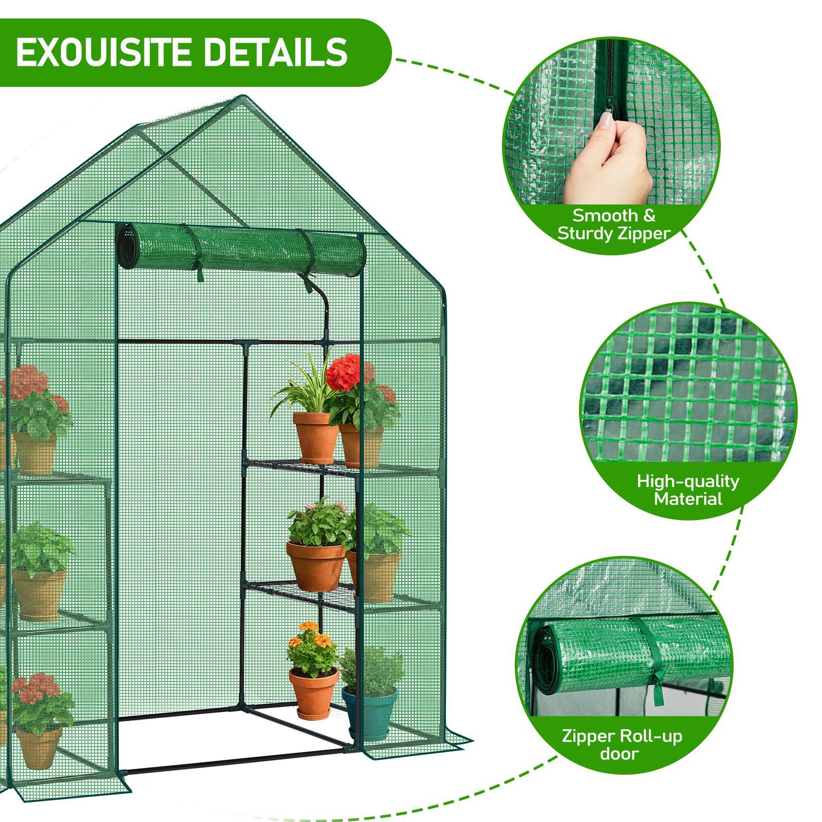 56" Mini Walk-In Greenhouse with 4 Shelves, PE Cover & Zippered Roll-Up Door, Portable Indoor/Outdoor Plant Growing Tent - Image 12