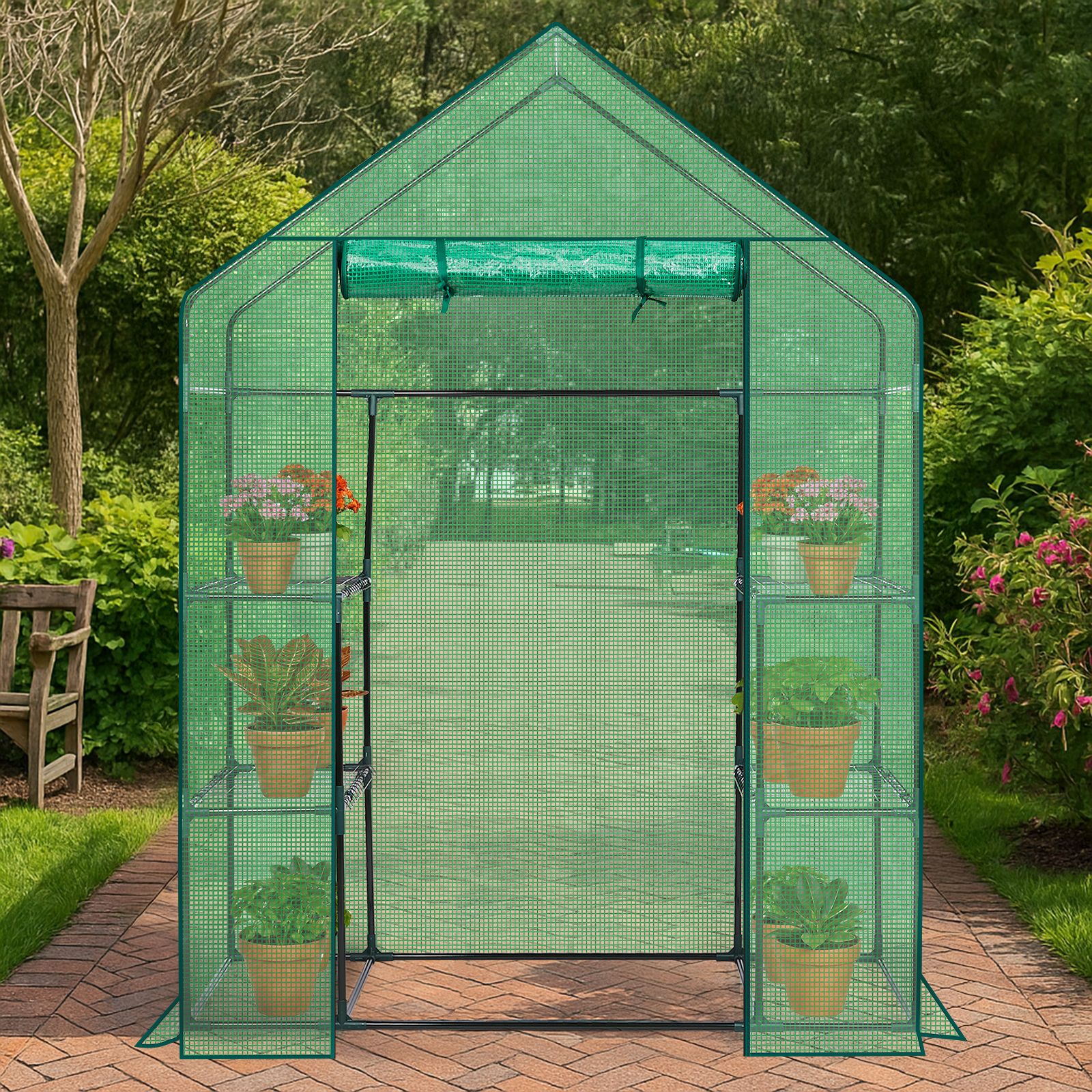 56" Mini Walk-In Greenhouse with 4 Shelves, PE Cover & Zippered Roll-Up Door, Portable Indoor/Outdoor Plant Growing Tent - Image 17