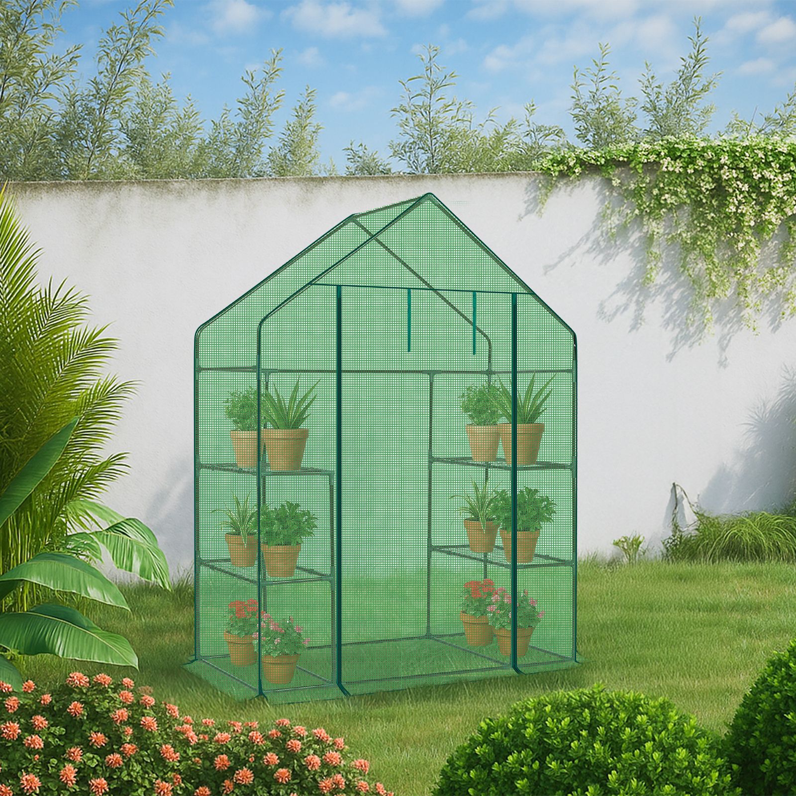 56" Mini Walk-In Greenhouse with 4 Shelves, PE Cover & Zippered Roll-Up Door, Portable Indoor/Outdoor Plant Growing Tent - Image 20