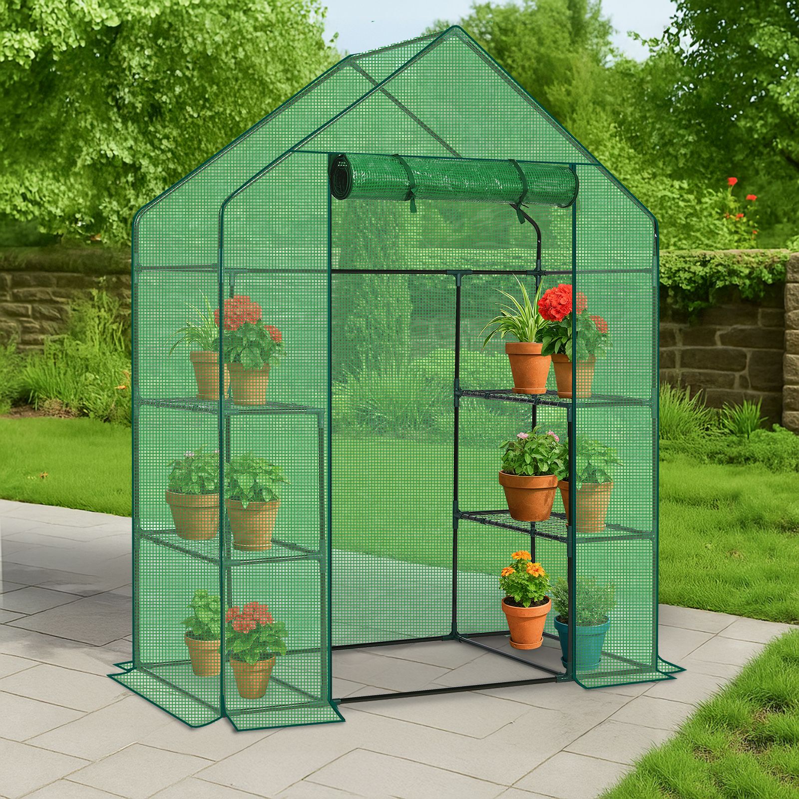 56" Mini Walk-In Greenhouse with 4 Shelves, PE Cover & Zippered Roll-Up Door, Portable Indoor/Outdoor Plant Growing Tent - Image 9