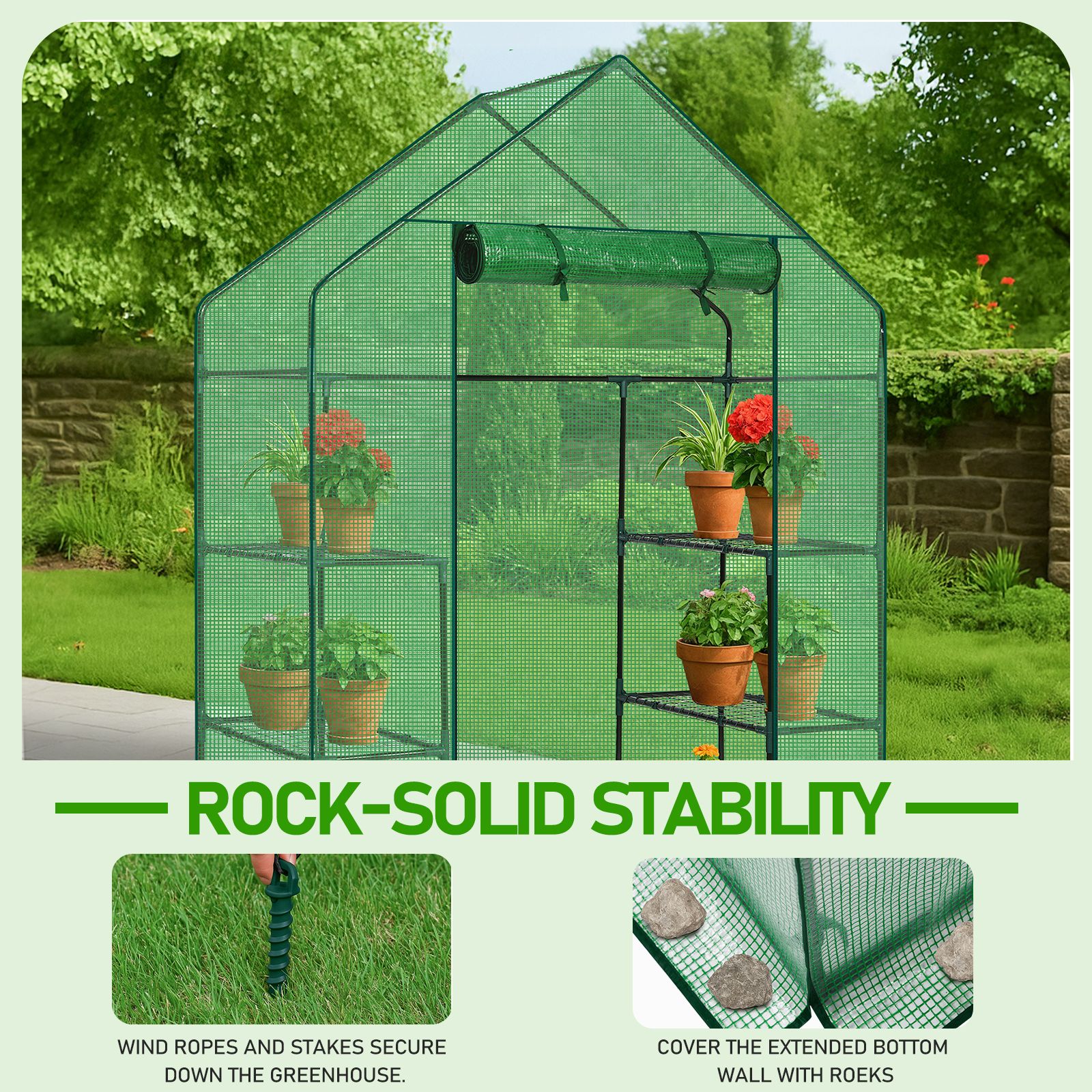 56" Mini Walk-In Greenhouse with 4 Shelves, PE Cover & Zippered Roll-Up Door, Portable Indoor/Outdoor Plant Growing Tent - Image 10