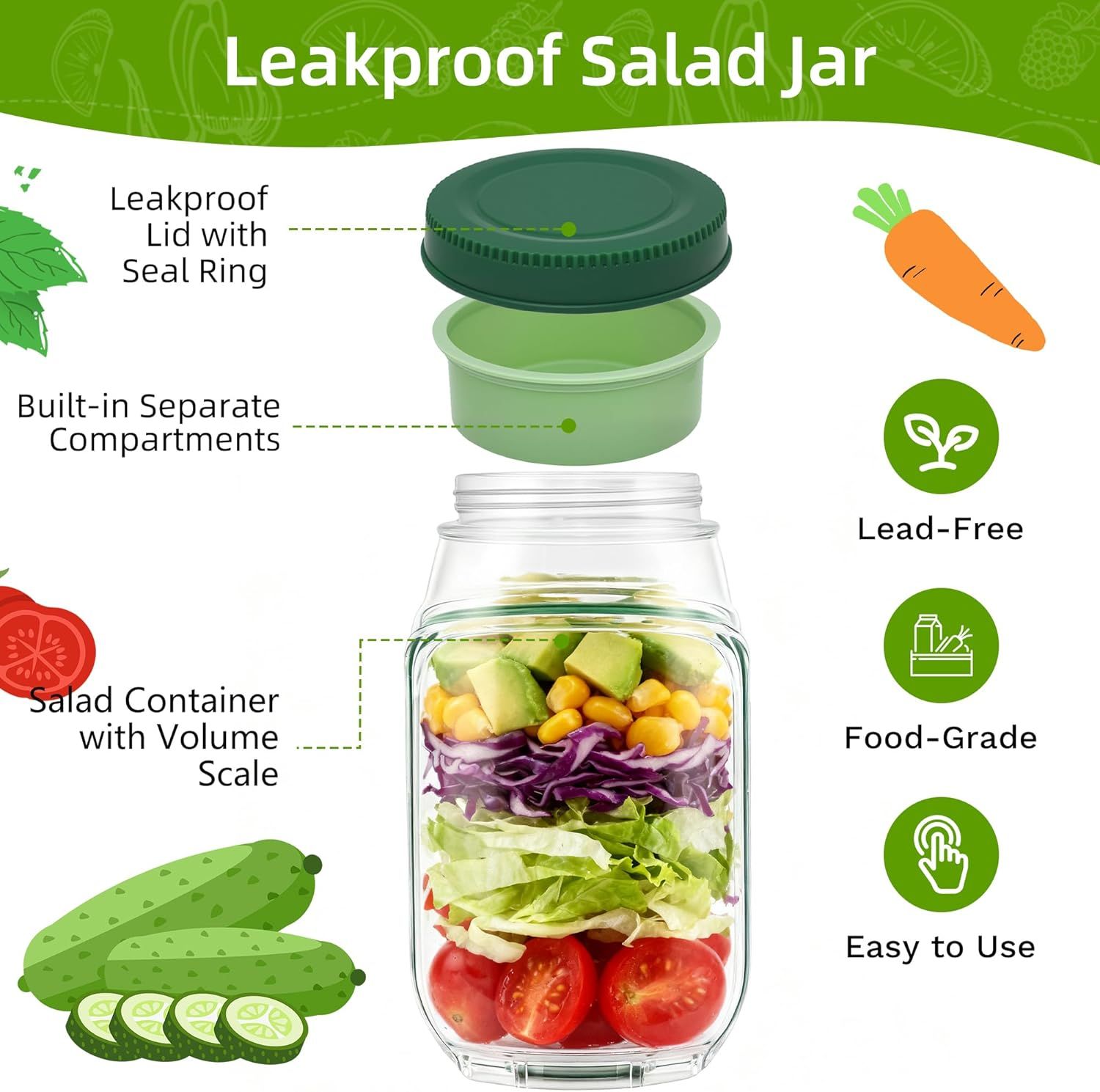 2-Pack Leakproof Salad Containers with Dressing Cups & Sporks – Portable Meal Prep Jars - Image 18
