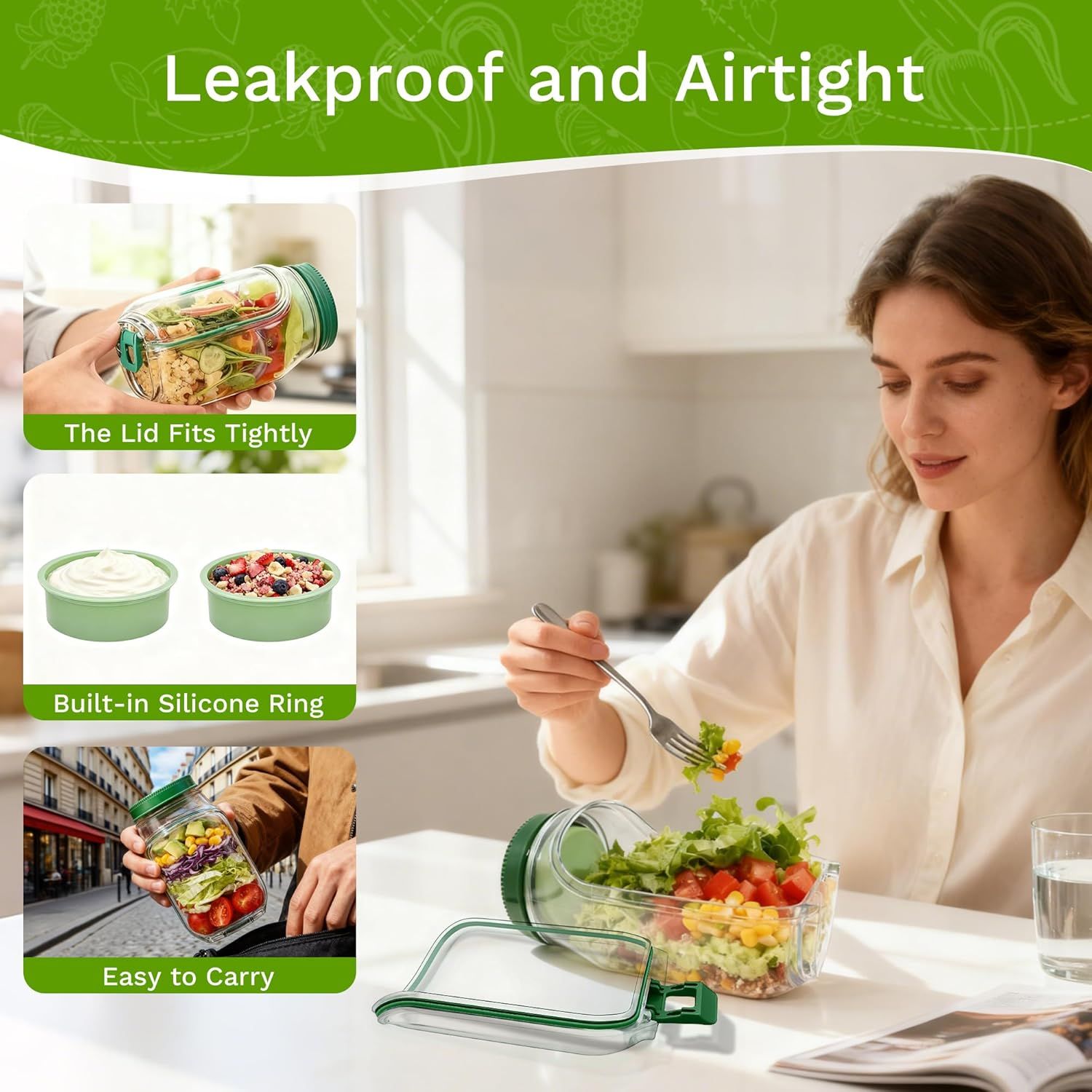 2-Pack Leakproof Salad Containers with Dressing Cups & Sporks – Portable Meal Prep Jars - Image 19