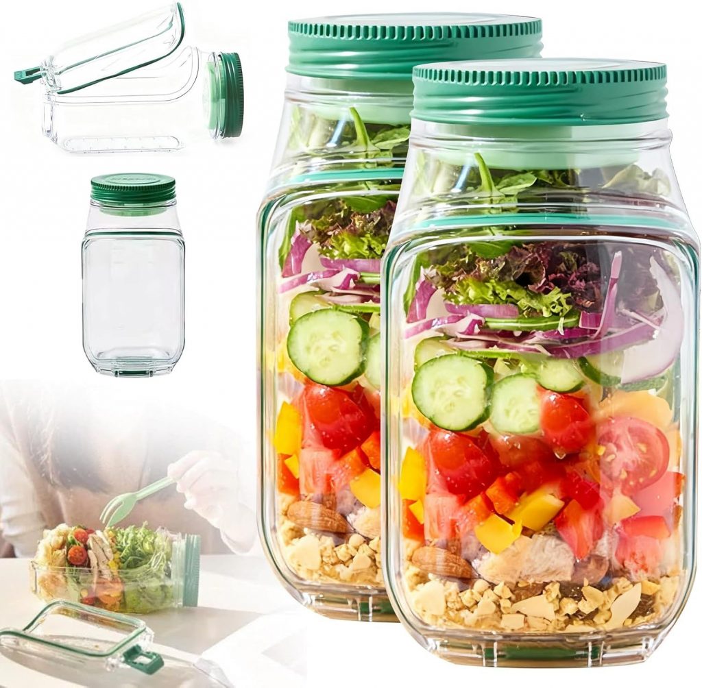 2-Pack Leakproof Salad Containers with Dressing Cups & Sporks – Portable Meal Prep Jars
