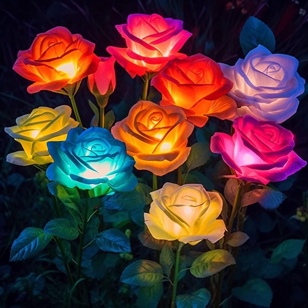 4-Pack Solar Rose Flower Lights – Color-Changing Waterproof Garden Stake Lights
