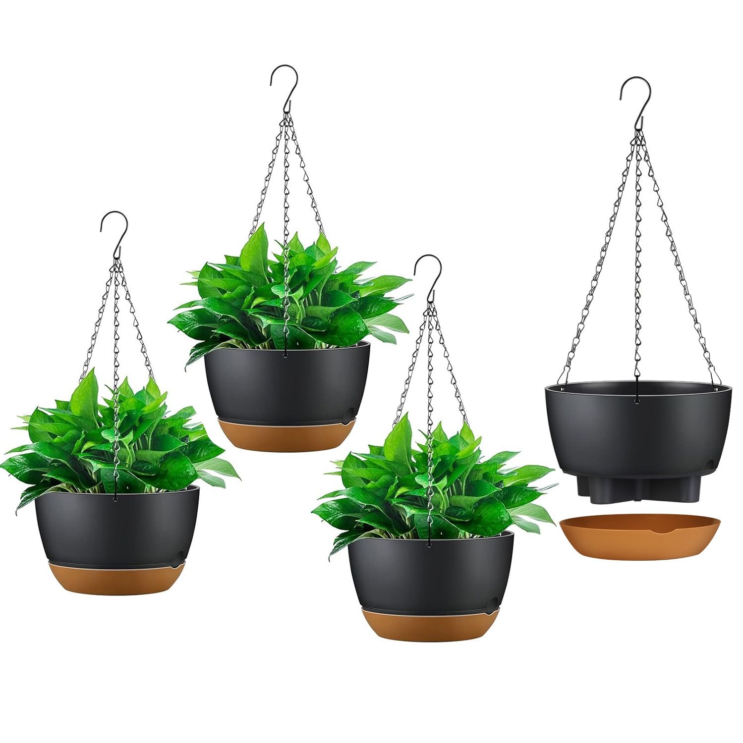 4-Pack 9.6" Self-Watering Hanging Planters with Adjustable Chains & Drainage Trays, Indoor/Outdoor Plastic Flower Pots, Grey - Image 11