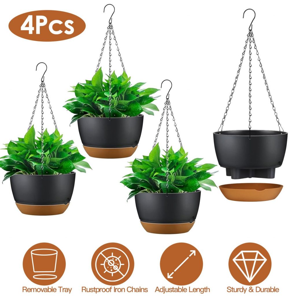 4-Pack 9.6" Self-Watering Hanging Planters with Adjustable Chains & Drainage Trays, Indoor/Outdoor Plastic Flower Pots, Grey