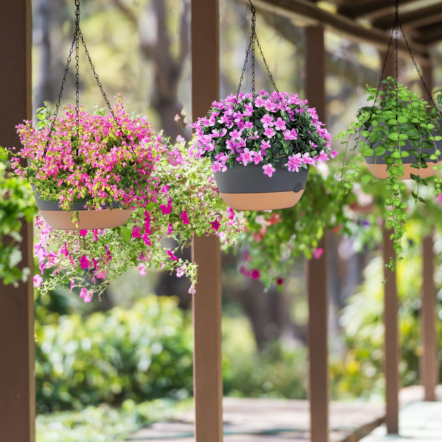 4-Pack 9.6" Self-Watering Hanging Planters with Adjustable Chains & Drainage Trays, Indoor/Outdoor Plastic Flower Pots, Grey - Image 7