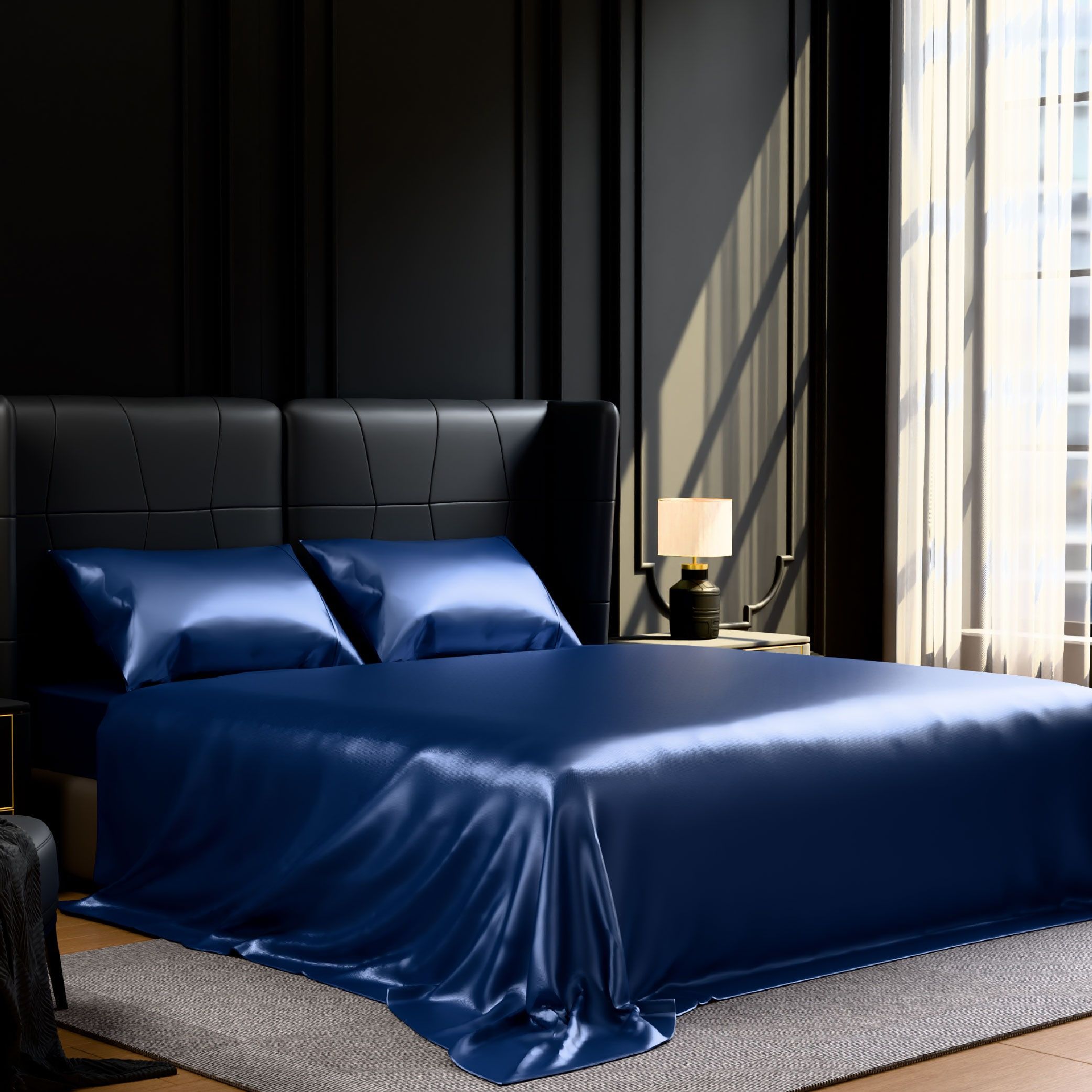 King Size Satin Bed Sheet Set – 4 Piece Silky Bedding Collection, Navy Blue - Image 2