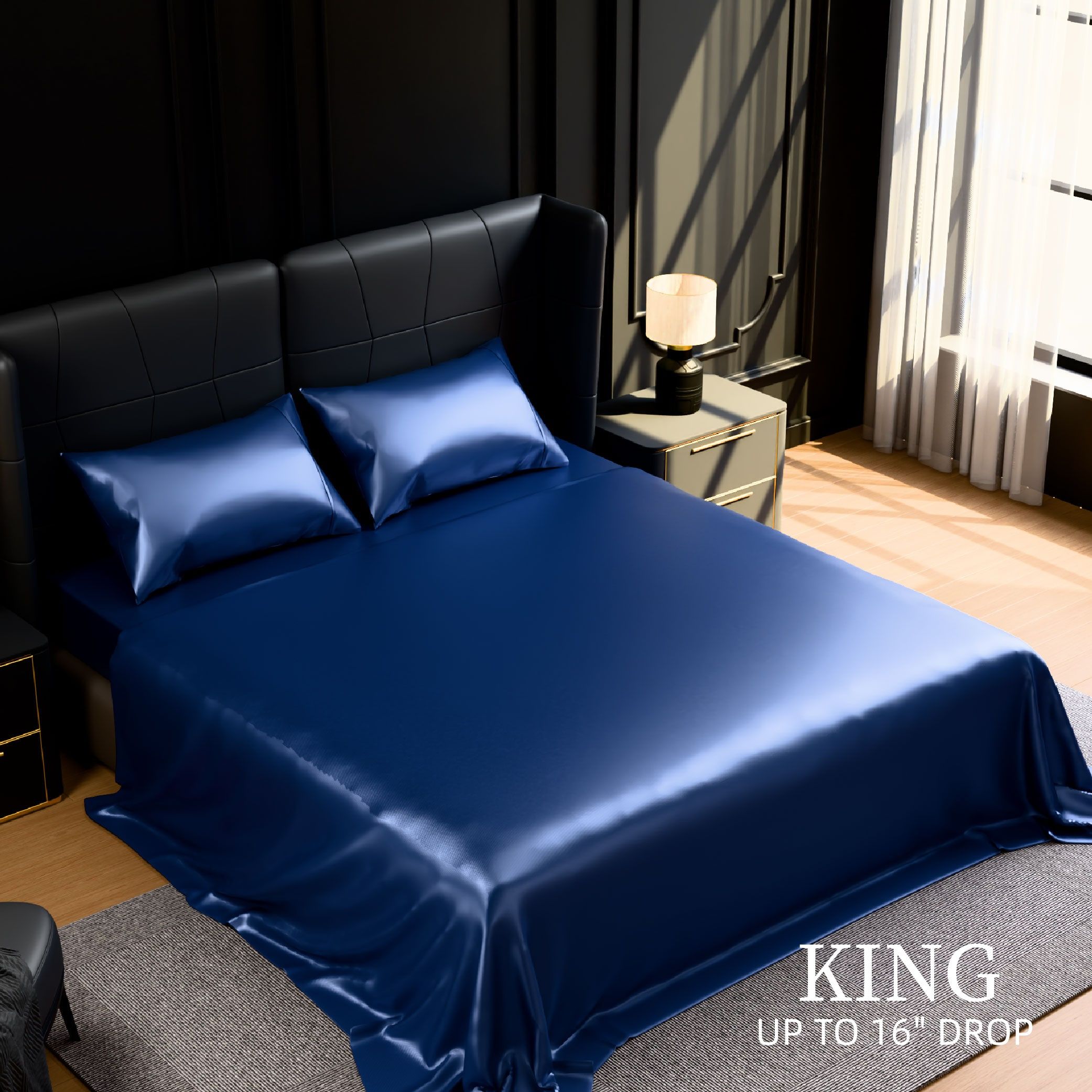 King Size Satin Bed Sheet Set – 4 Piece Silky Bedding Collection, Navy Blue - Image 11
