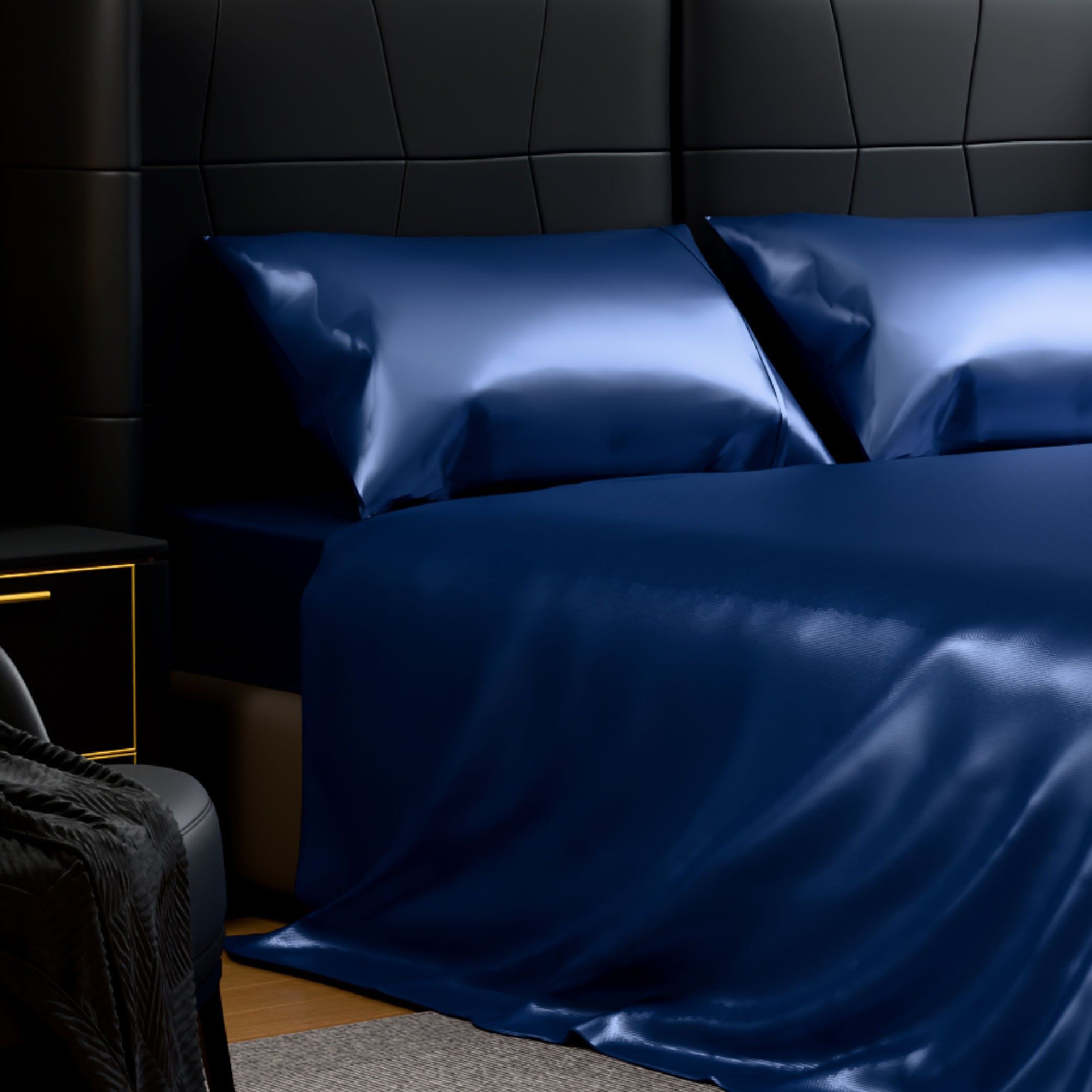 King Size Satin Bed Sheet Set – 4 Piece Silky Bedding Collection, Navy Blue - Image 12