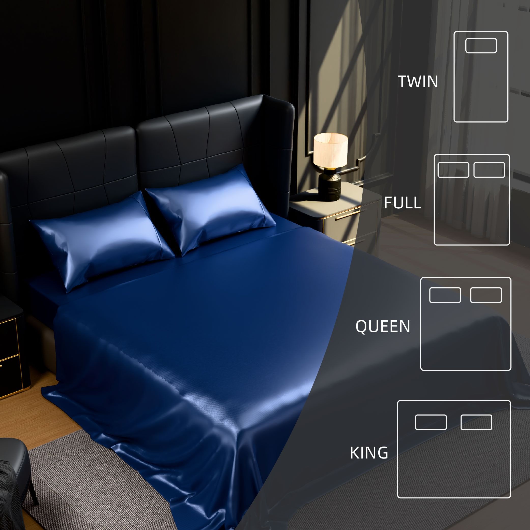 King Size Satin Bed Sheet Set – 4 Piece Silky Bedding Collection, Navy Blue - Image 14