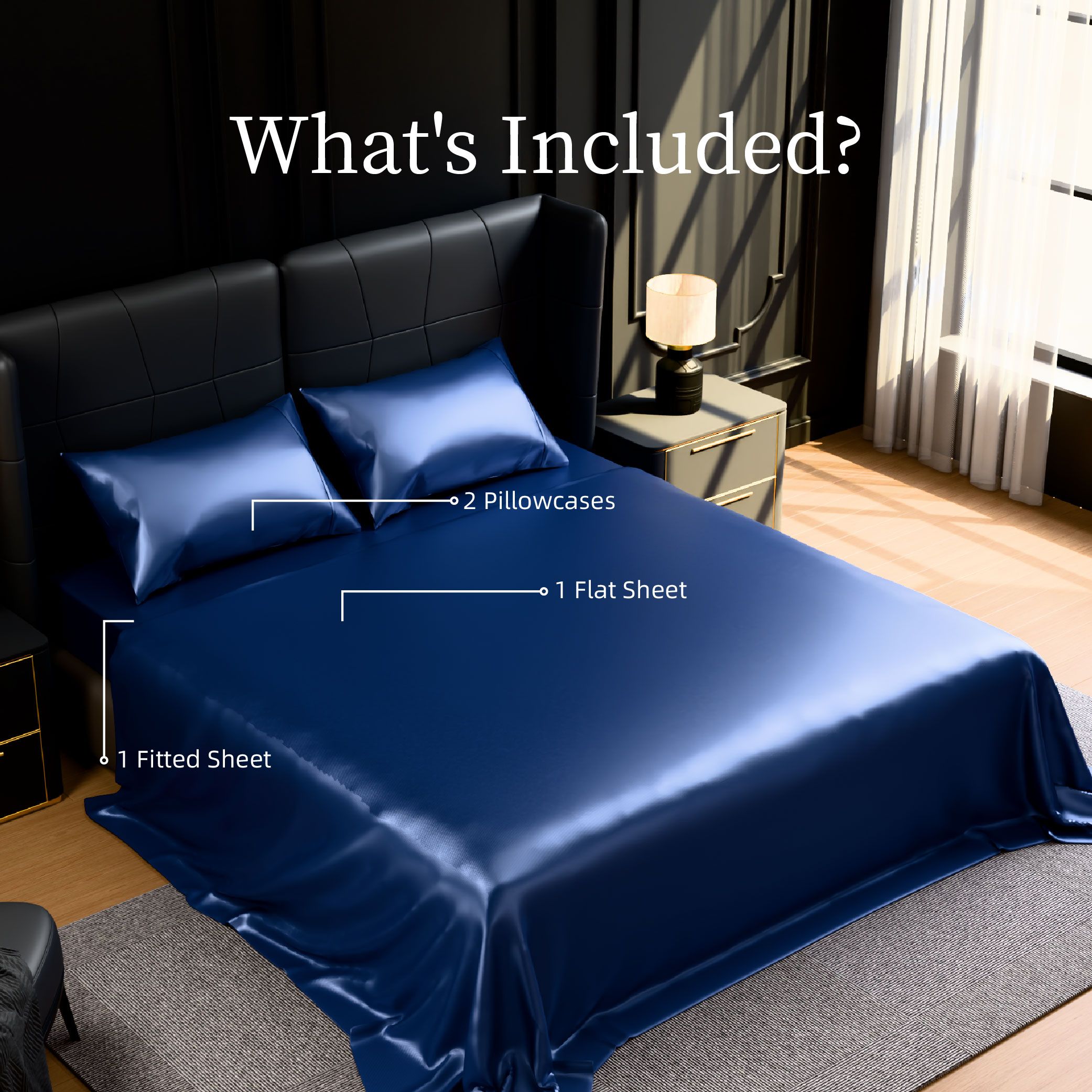King Size Satin Bed Sheet Set – 4 Piece Silky Bedding Collection, Navy Blue - Image 7