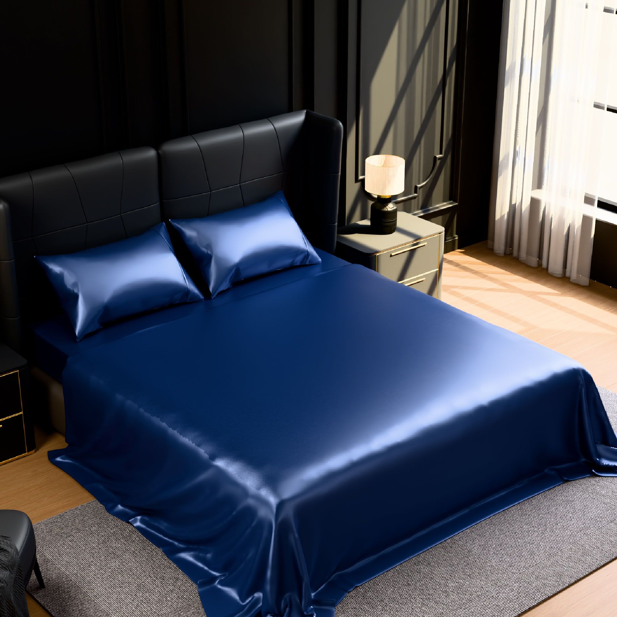 King Size Satin Bed Sheet Set – 4 Piece Silky Bedding Collection, Navy Blue - Image 9