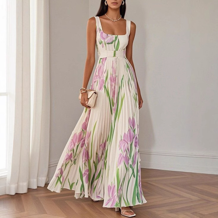 Floral Print Pleated Sleeveless Midi Dress - Image 9