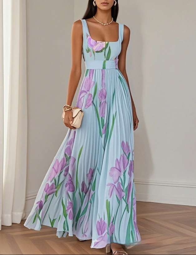 Floral Print Pleated Sleeveless Midi Dress - Image 2