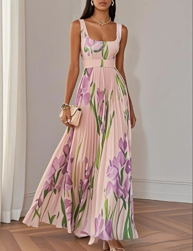 Floral Print Pleated Sleeveless Midi Dress - Image 3