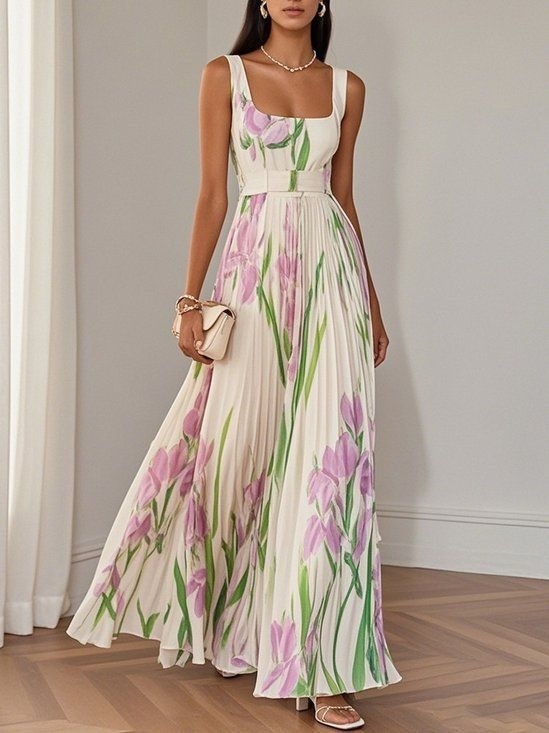Floral Print Pleated Sleeveless Midi Dress - Image 5