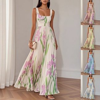 Floral Print Pleated Sleeveless Midi Dress