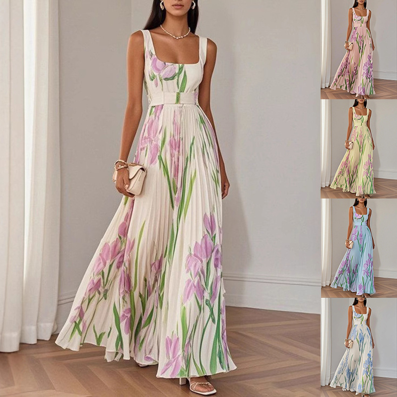 Floral Print Pleated Sleeveless Midi Dress